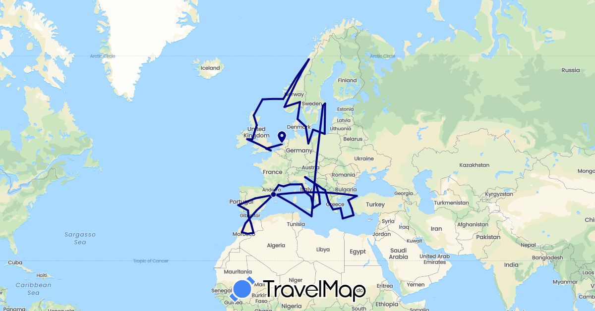 TravelMap itinerary: driving in Germany, Denmark, Spain, France, United Kingdom, Greece, Croatia, Ireland, Italy, Morocco, Monaco, Montenegro, Malta, Netherlands, Norway, Poland, Portugal, Sweden, Turkey (Africa, Asia, Europe)